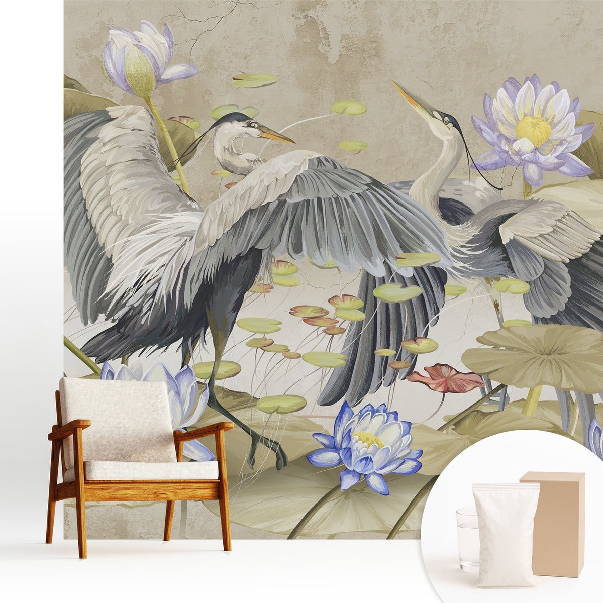 Wallfluent Fotobehang - Beige Vliesbehang - 250x250 cm - Vogels En Lelies Fotobehang Vlies - Hal behang Dieren - Muurschildering - Hal behang