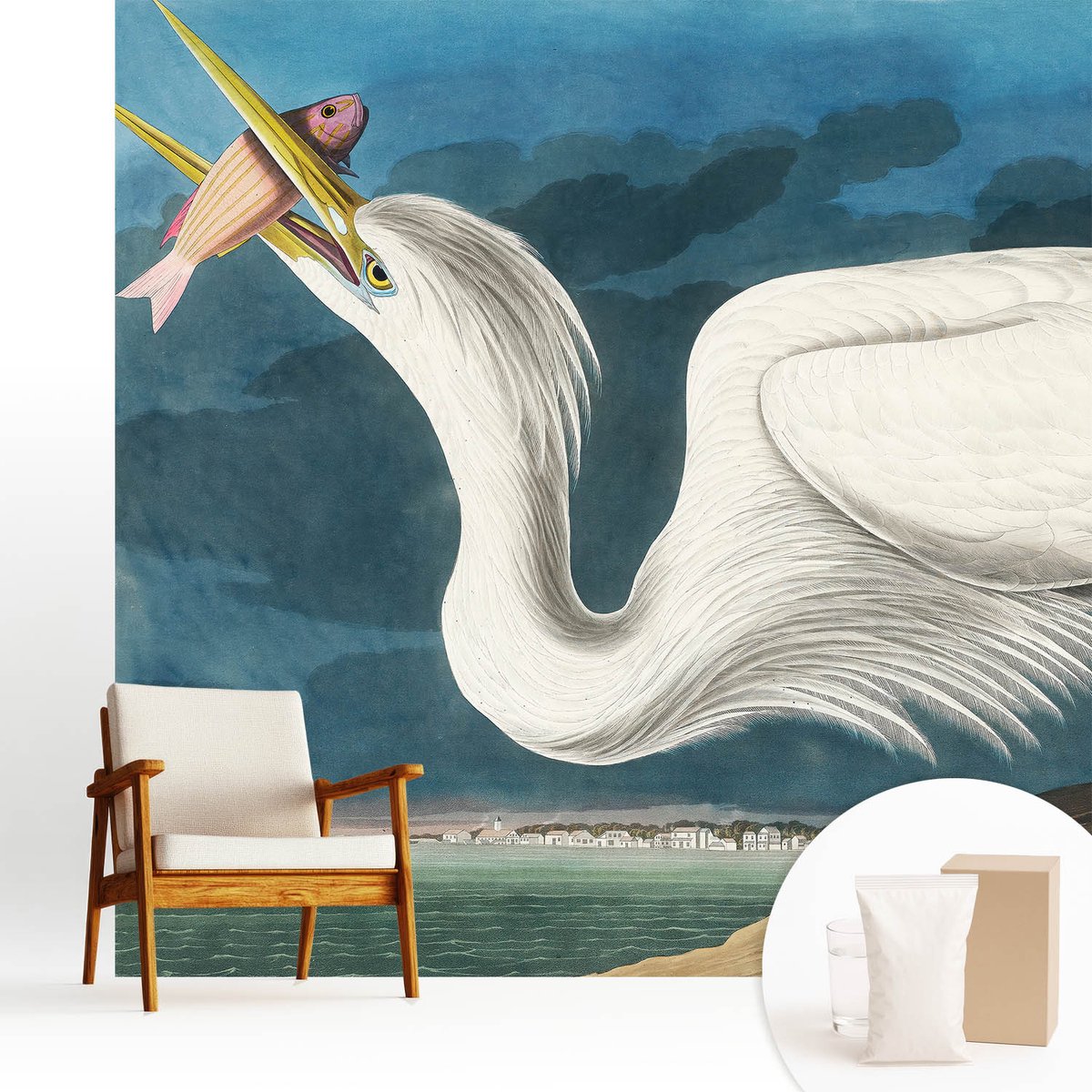 Wallfluent Fotobehang - Wit Vliesbehang - 250x250 cm - Vogel Met Vis Muurschildering - Slaapkamer behang Dieren - Fotobehang Vlies - Slaapkamer behang