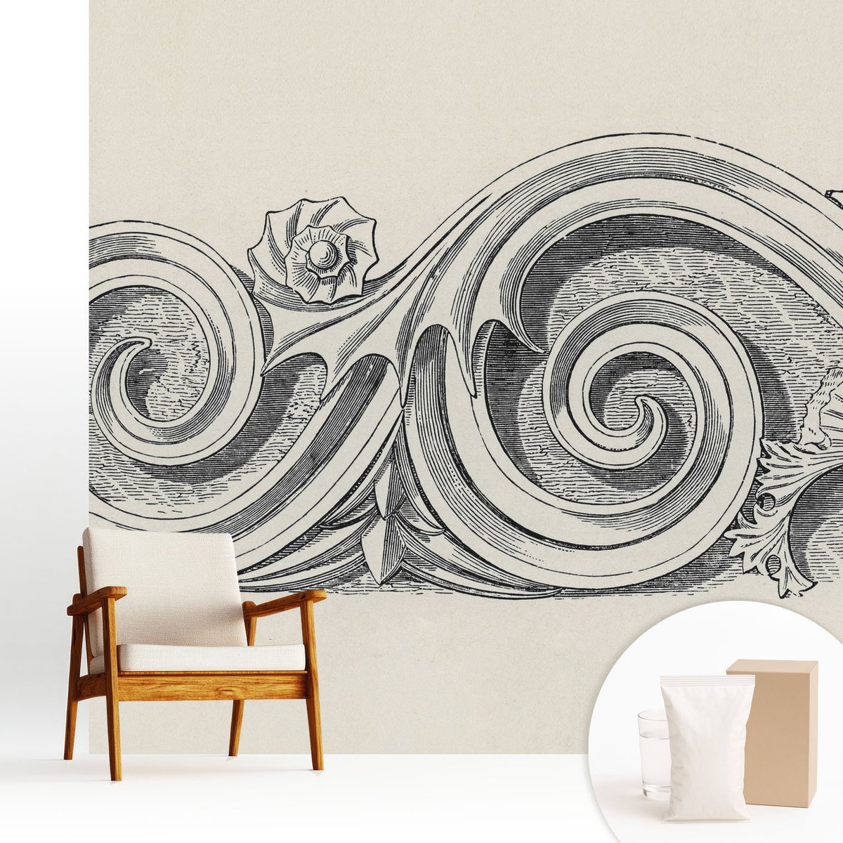 Wallfluent Fotobehang - Zwart-Wit Vliesbehang - 250x250 cm - Plantenornament Muurschildering - Gang behang Deel - Fotobehang Vlies - Slaapkamer behang