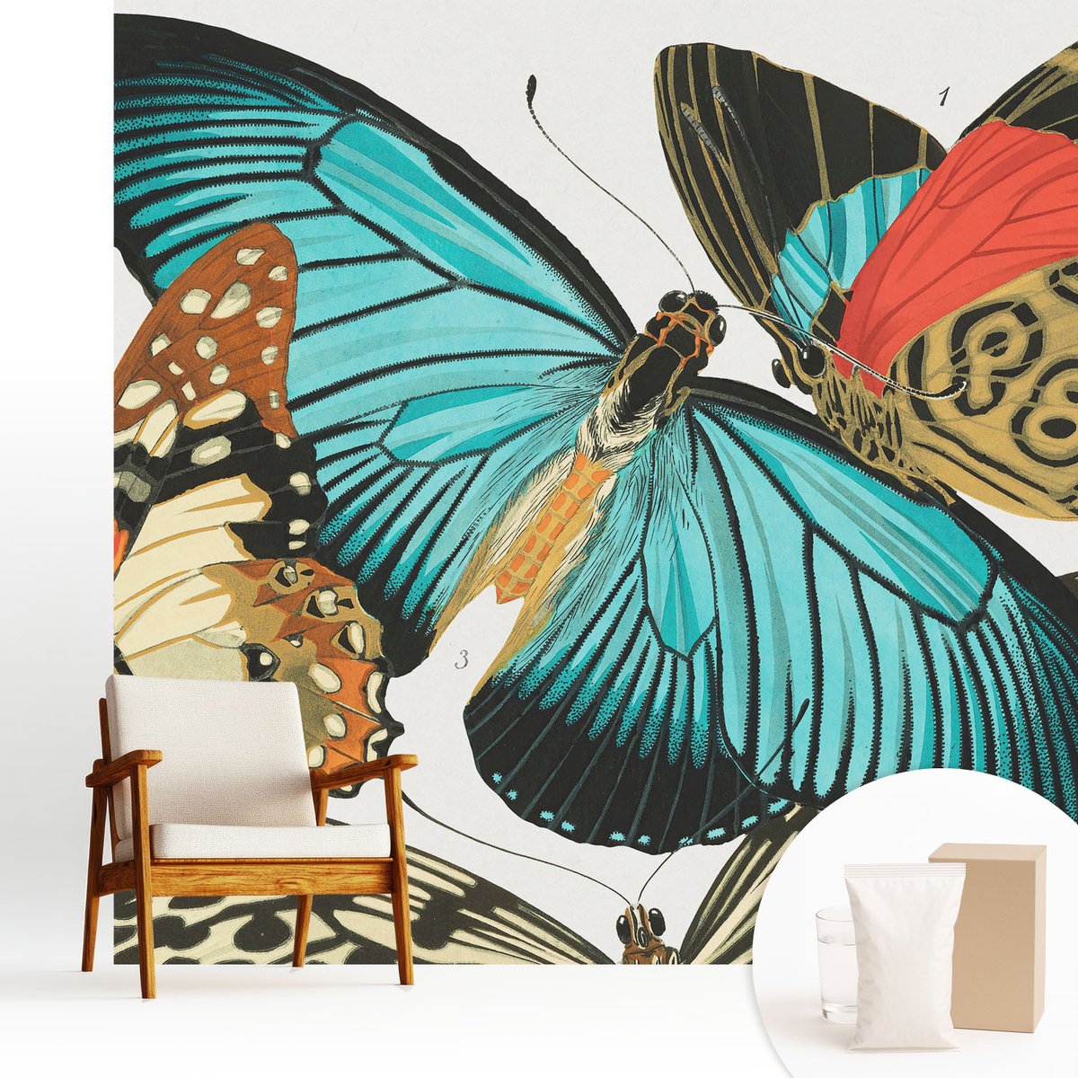 Wallfluent Fotobehang - Turkoois Vliesbehang - 250x250 cm - Kleurrijke Vlinders Muurschildering - Gang behang Dieren - Fotobehang Vlies - Gang behang