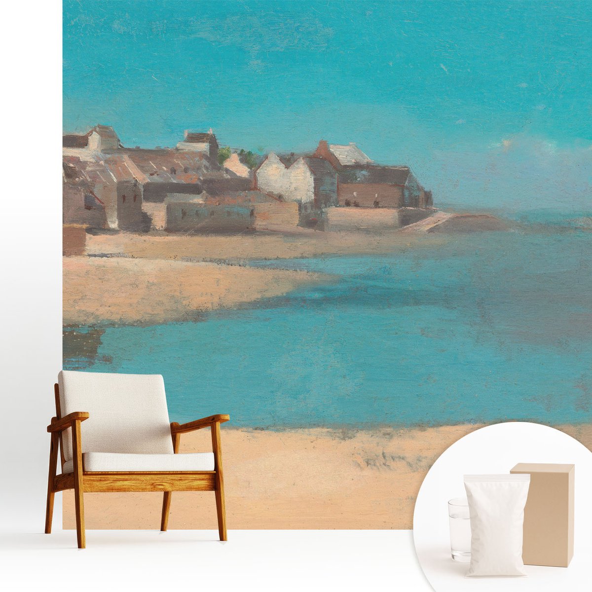 Wallfluent Fotobehang - Blauw Vliesbehang - 250x250 cm - Een Rustig Dorp Muurschildering - Gang behang Landschappen - Fotobehang Vlies - Gang behang