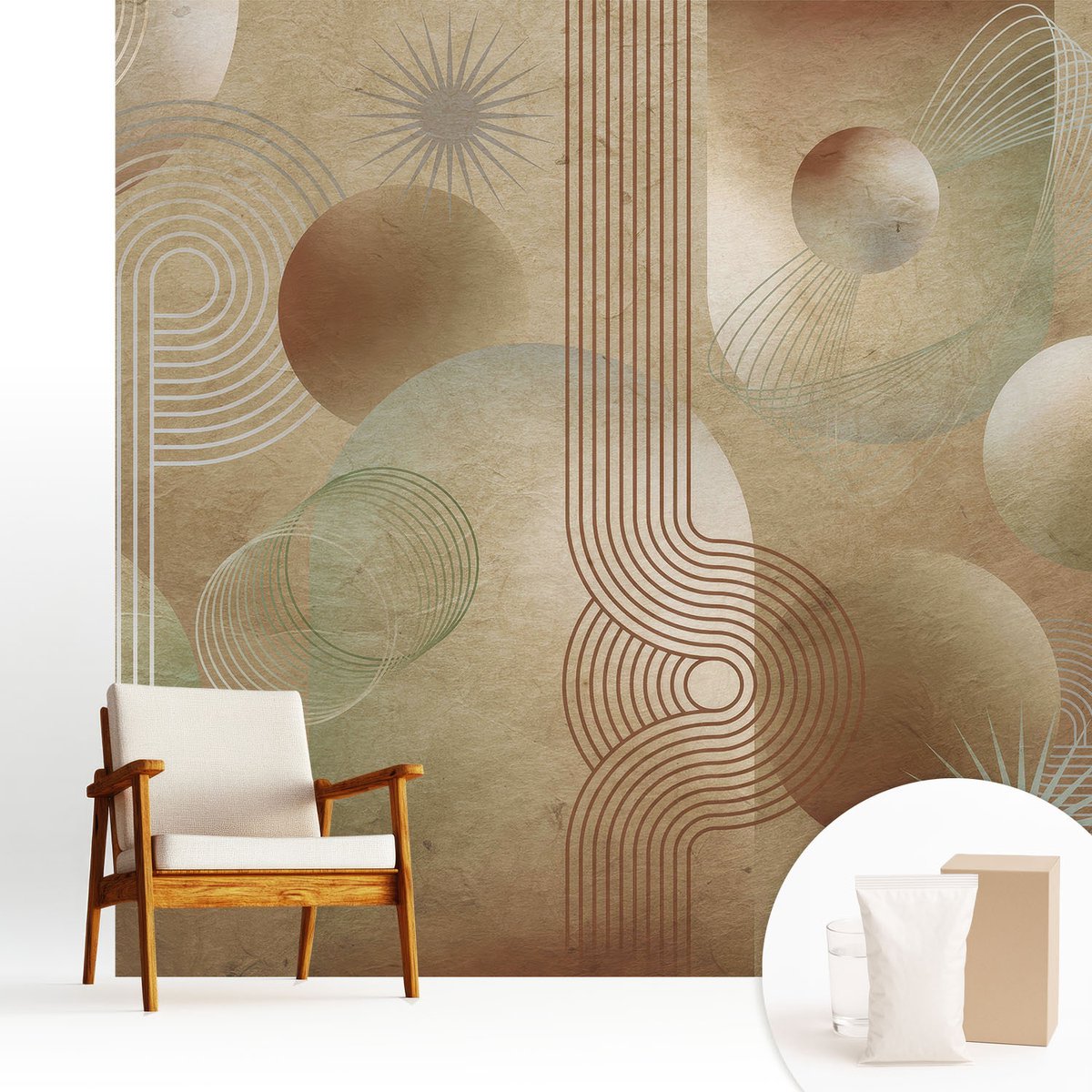 Wallfluent Fotobehang - Beige Vliesbehang - 250x250 cm - Geometrisch Patroon Fotobehang Vlies - Hal behang Abstractie - Muurschildering - Hal behang