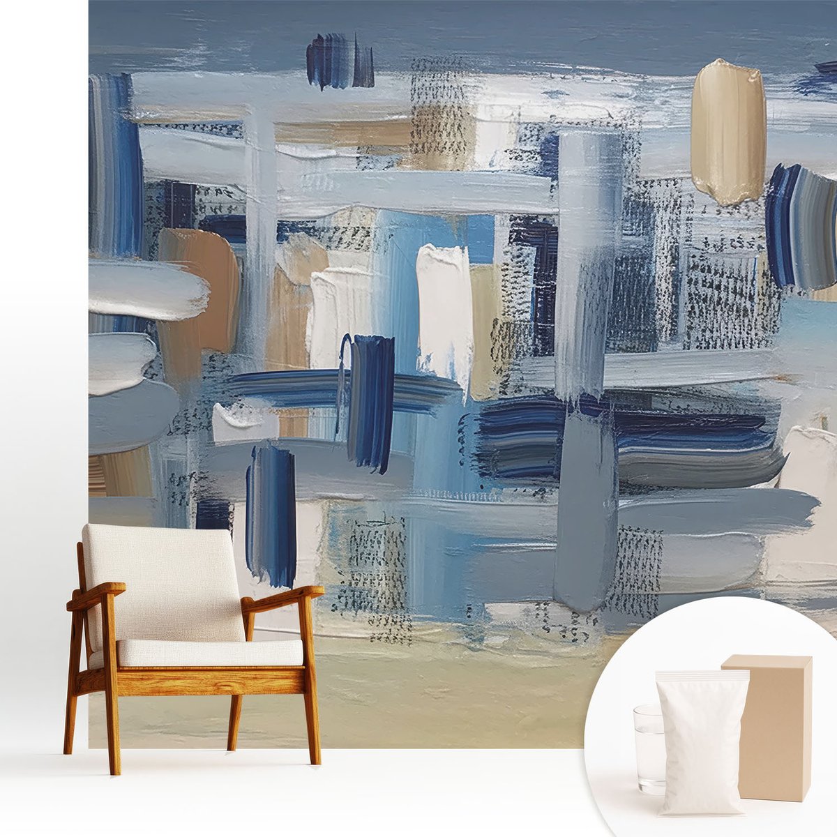 Wallfluent Fotobehang - Blauw Vliesbehang - 250x250 cm - Abstracte Penselen Muurschildering - Slaapkamer behang Abstractie - Fotobehang Vlies - Slaapkamer behang