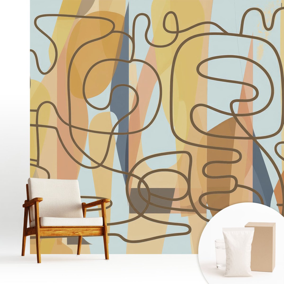 Wallfluent Fotobehang - Geel Vliesbehang - 250x250 cm - Abstracte Vormen Muurschildering - Slaapkamer behang Abstractie - Fotobehang Vlies - Slaapkamer behang
