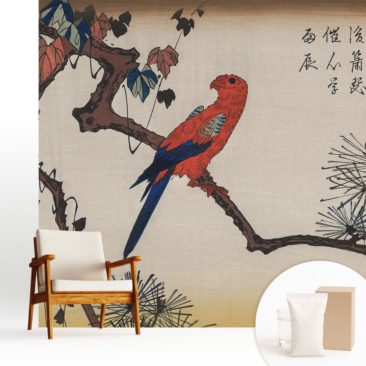 Wallfluent Fotobehang - Beige Vliesbehang - 250x250 cm - Een Vogel Op Een Tak Muurschildering - Gang behang Dieren - Fotobehang Vlies - Slaapkamer behang