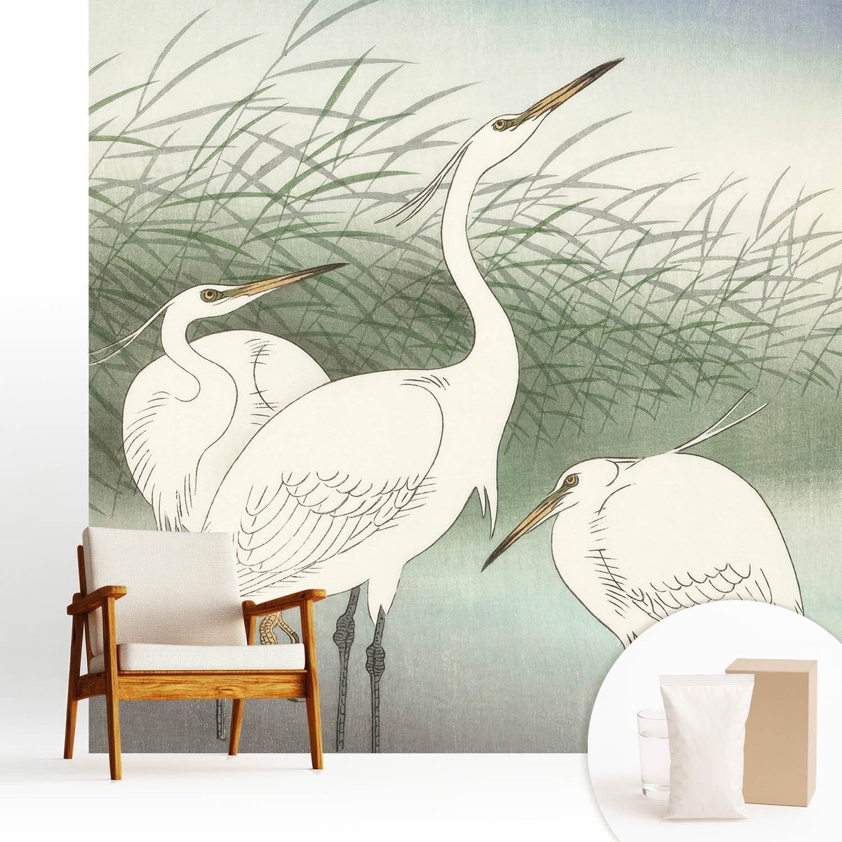 Wallfluent Fotobehang - Wit Vliesbehang - 250x250 cm - Reigers In Het Gras Fotobehang Vlies - Hal behang Dieren - Muurschildering - Hal behang