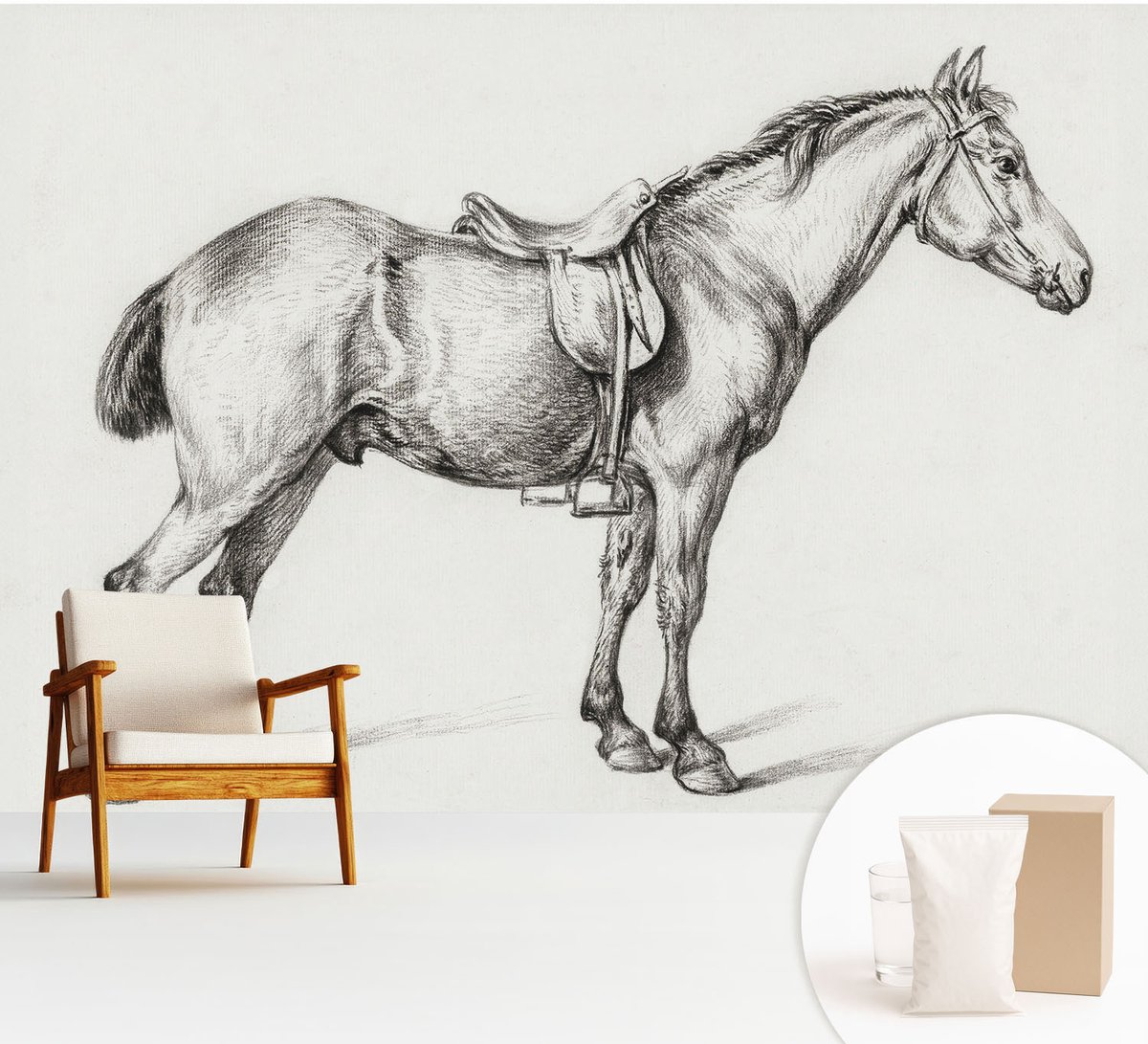 Wallfluent Fotobehang - Zwart-Wit Vliesbehang - 312x219 cm - Schets Van Een Paard Fotobehang Vlies - Woonkamer behang Dieren - Muurschildering - Woonkamer behang