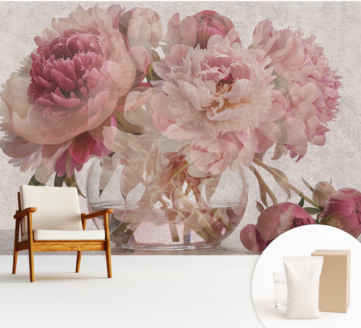 Wallfluent Fotobehang - Roze Vliesbehang - 312x219 cm - Pioenroos Charme Fotobehang Vlies - Hal behang Bloemen En Planten - Muurschildering - Woonkamer behang