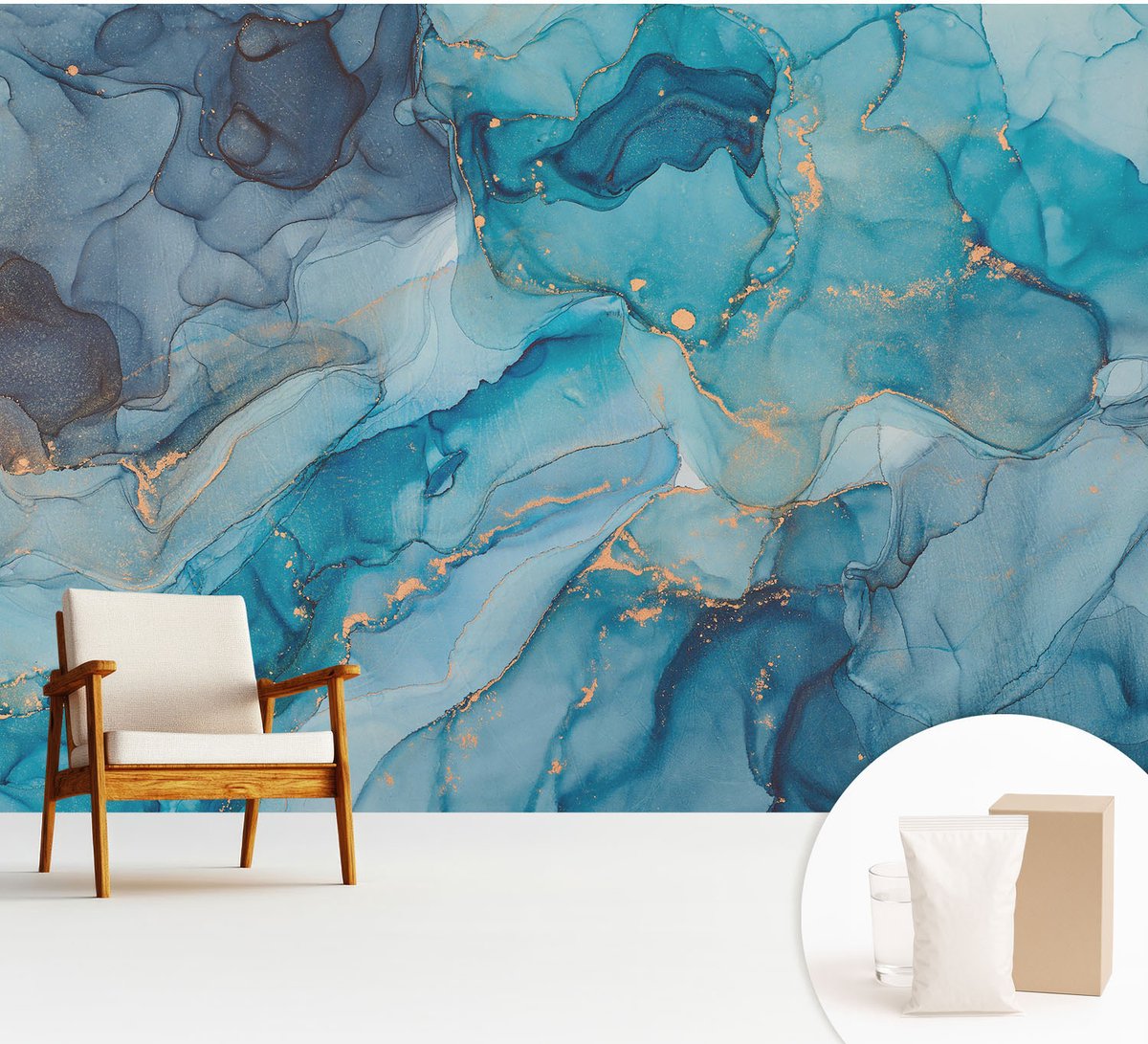 Wallfluent Fotobehang - Blauw Vliesbehang - 312x219 cm - Blauwe Abstractie Fotobehang Vlies - Woonkamer behang Abstractie - Muurschildering - Hal behang