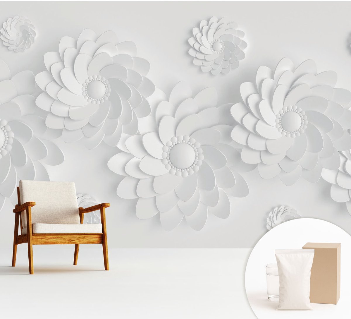 Wallfluent Fotobehang - Wit Vliesbehang - 312x219 cm - Bloemige Elegantie Muurschildering - Slaapkamer behang Bloemen En Planten - Fotobehang Vlies - Slaapkamer behang