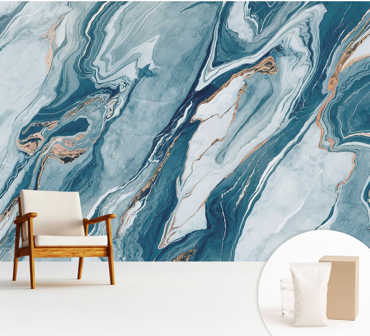 Wallfluent Fotobehang - Blauw Vliesbehang - 312x219 cm - Minerale Elegantie Fotobehang Vlies - Hal behang Abstractie - Muurschildering - Woonkamer behang