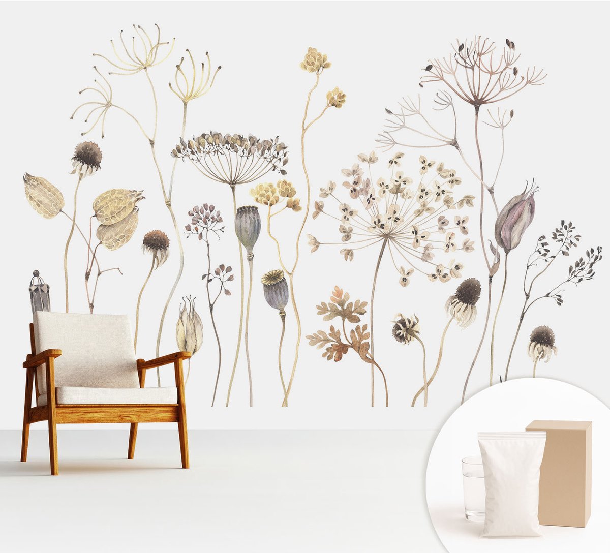 Wallfluent Fotobehang - Beige Vliesbehang - 312x219 cm - Wilde Bloemen Fotobehang Vlies - Woonkamer behang Bloemen En Planten - Muurschildering - Woonkamer behang