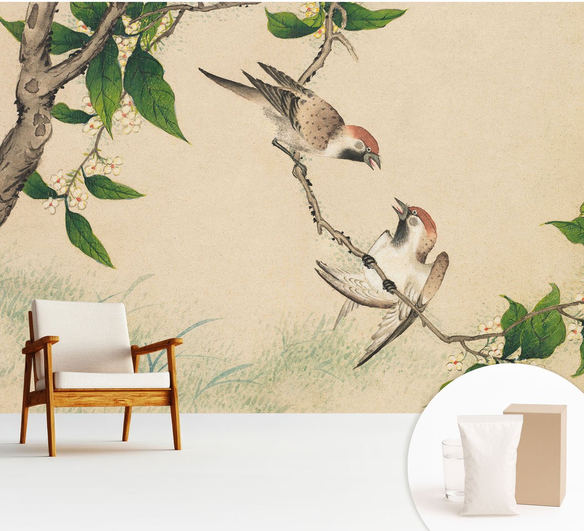 Wallfluent Fotobehang - Beige Vliesbehang - 312x219 cm - Klassiek Duo Fotobehang Vlies - Woonkamer behang Dieren - Muurschildering - Woonkamer behang