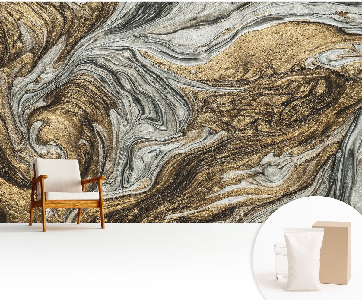 Wallfluent Fotobehang - Grijs Vliesbehang - 416x254 cm - Abstracte Wervelingen Muurschildering - Slaapkamer behang Abstractie - Fotobehang Vlies - Slaapkamer behang
