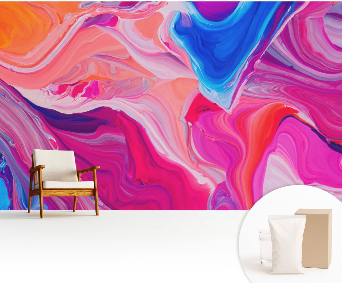Wallfluent Fotobehang - Roze Vliesbehang - 416x254 cm - Vloeibare Golven Fotobehang Vlies - Woonkamer behang Abstractie - Muurschildering - Woonkamer behang