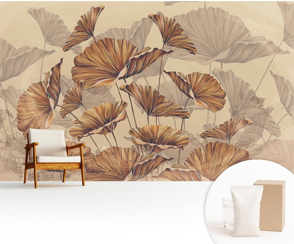Wallfluent Fotobehang - Beige Vliesbehang - 416x254 cm - Herfstachtige Elegantie Muurschildering - Gang behang Bloemen En Planten - Fotobehang Vlies - Slaapkamer behang