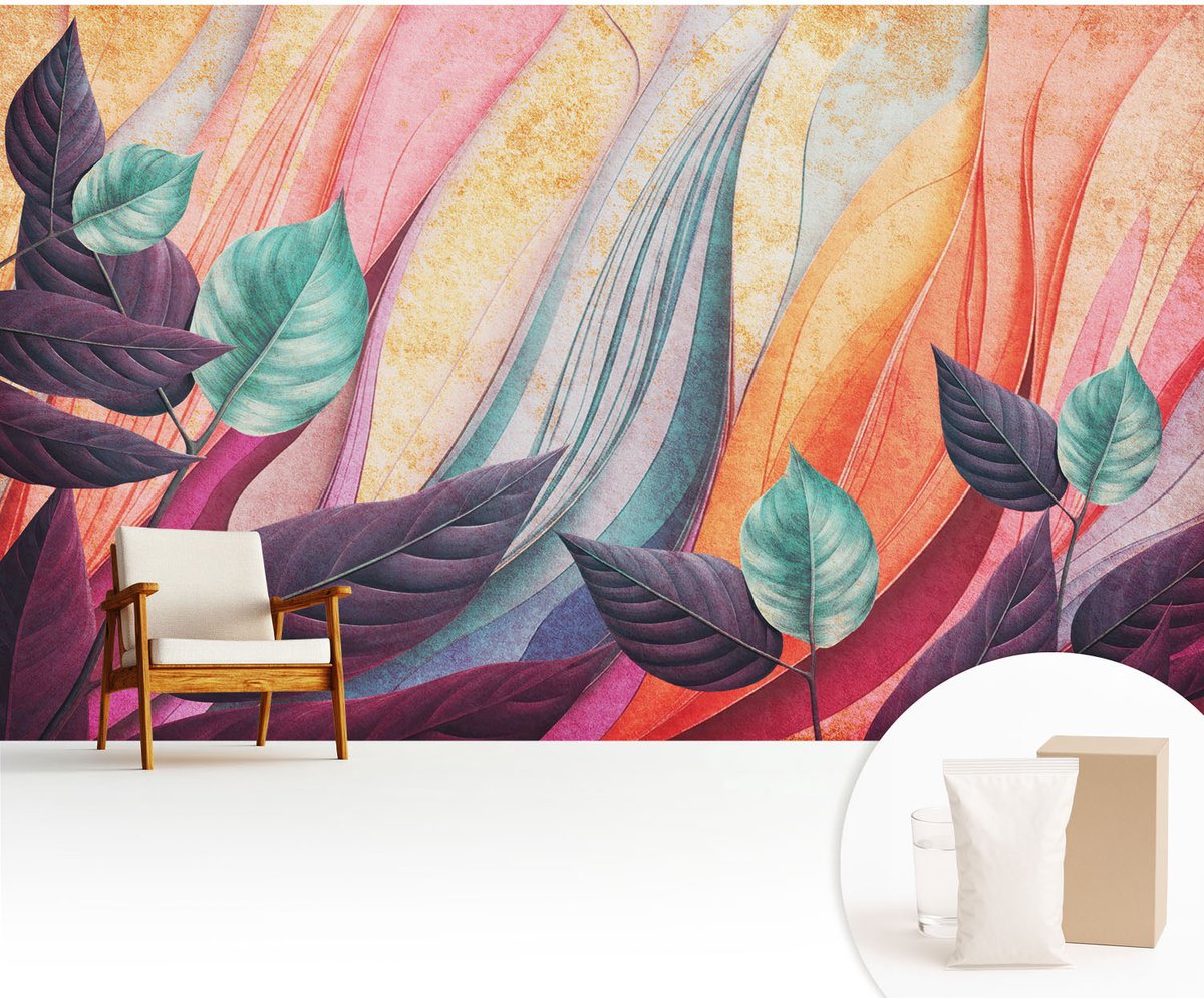 Wallfluent Fotobehang - Paars Vliesbehang - 416x254 cm - Abstracte Bladeren Fotobehang Vlies - Woonkamer behang Bloemen En Planten - Muurschildering - Woonkamer behang