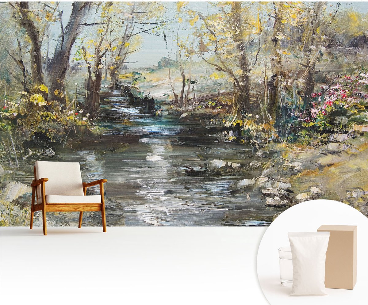 Wallfluent Fotobehang - Groente Vliesbehang - 416x254 cm - Bosbeek Muurschildering - Gang behang Landschappen - Fotobehang Vlies - Slaapkamer behang