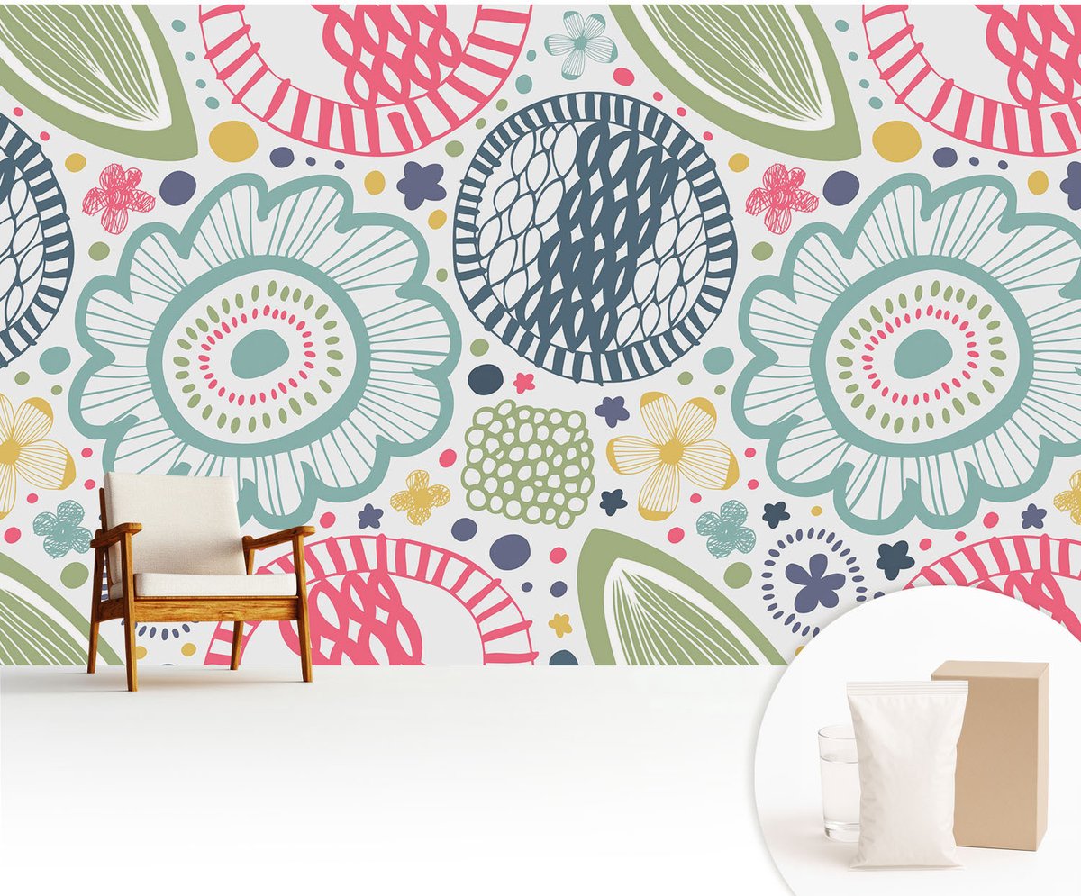Wallfluent Fotobehang - Blauw Vliesbehang - 416x254 cm - Bloemmotieven Fotobehang Vlies - Hal behang Bloemen En Planten - Muurschildering - Woonkamer behang