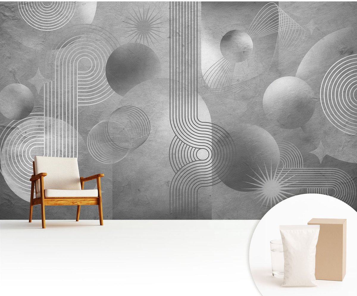 Wallfluent Fotobehang - Grijs Vliesbehang - 416x254 cm - Abstracte Elegantie Fotobehang Vlies - Woonkamer behang Abstractie - Muurschildering - Woonkamer behang
