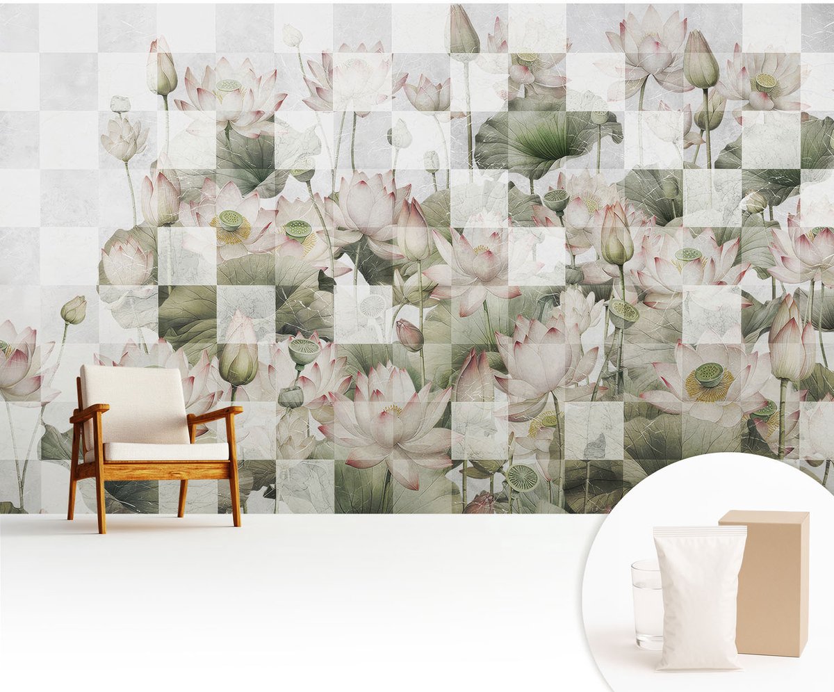 Wallfluent Fotobehang - Wit Vliesbehang - 416x254 cm - Lotuspatronen Fotobehang Vlies - Hal behang Bloemen En Planten - Muurschildering - Woonkamer behang