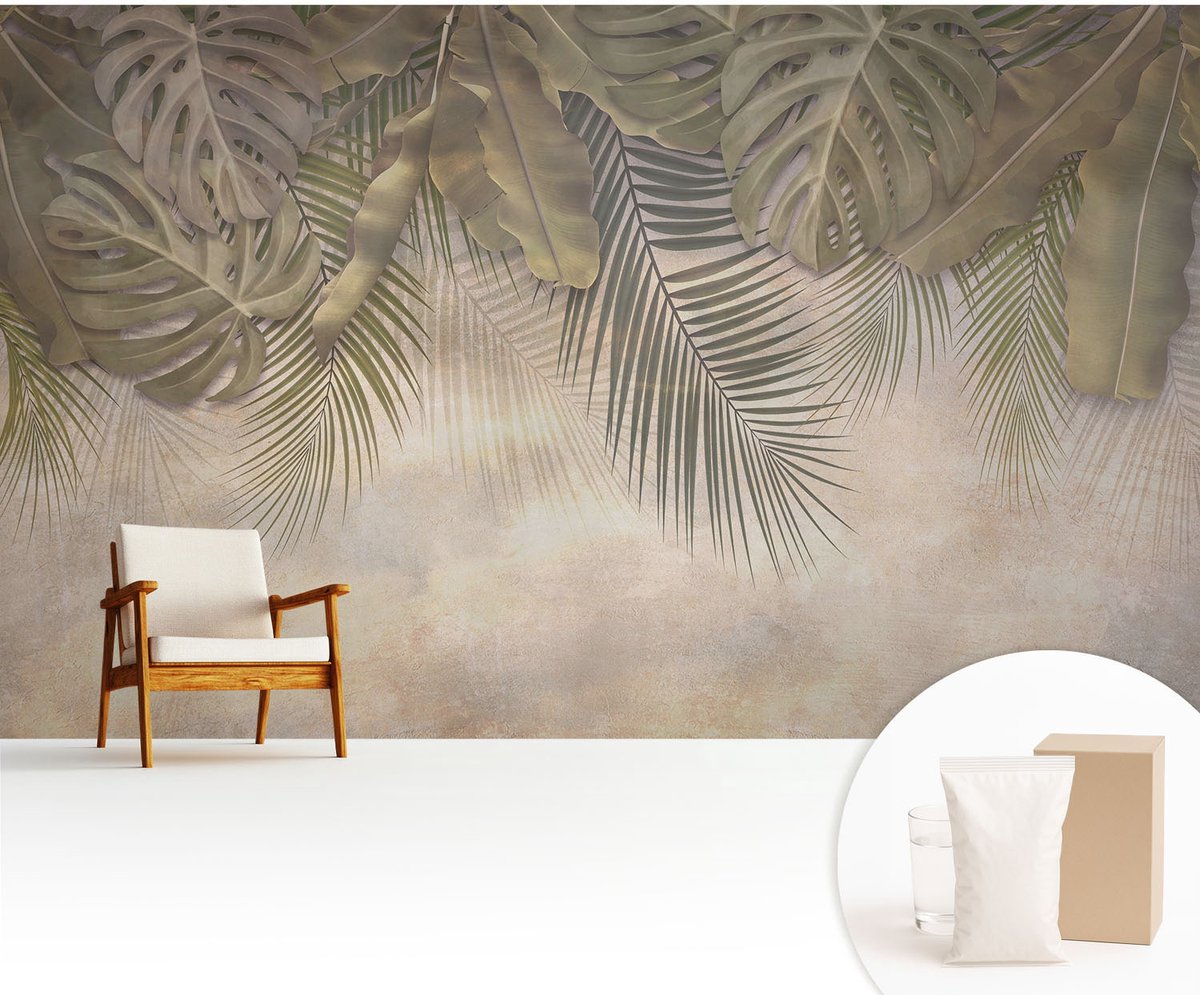 Wallfluent Fotobehang - Groente Vliesbehang - 416x254 cm - Tropische Bladeren Muurschildering - Slaapkamer behang Bloemen En Planten - Fotobehang Vlies - Slaapkamer behang