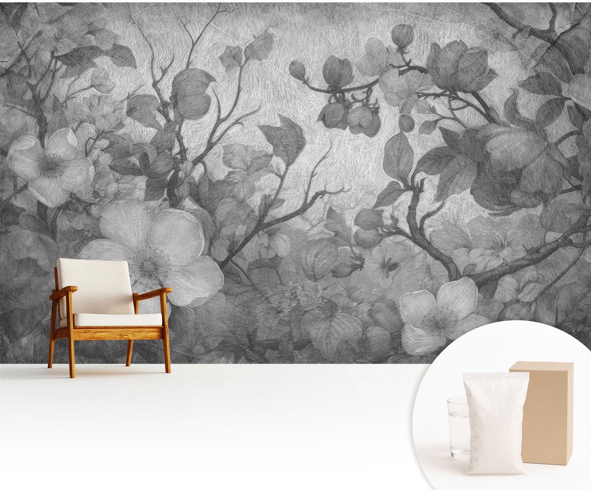 Wallfluent Fotobehang - Zwart-Wit Vliesbehang - 416x254 cm - Bloemtak Muurschildering - Slaapkamer behang Bloemen En Planten - Fotobehang Vlies - Slaapkamer behang