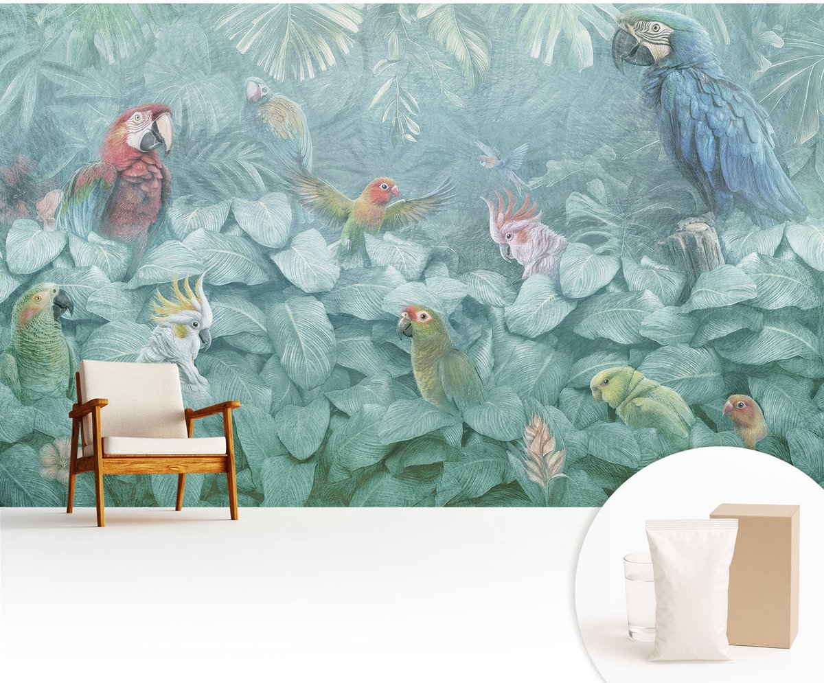 Wallfluent Fotobehang - Groente Vliesbehang - 416x254 cm - Exotische Vogels Muurschildering - Gang behang Dieren - Fotobehang Vlies - Gang behang