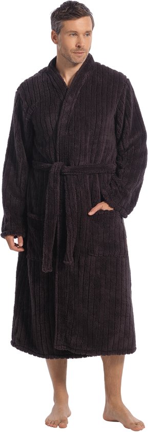 Badjas heren kimono kraag - fleece - Ten Cate-xl-grijs teddy strepen