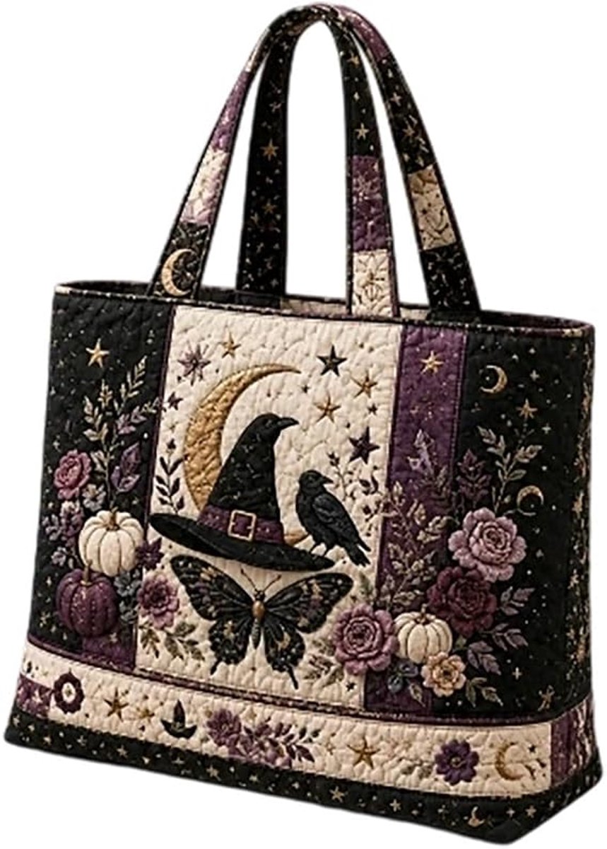 Halloween Trick-or-Treat Tote Bag - Reusable Boo Shoulder Handbag with Padded Strap - Pumpkin Cat Witch Novelty Print Sturdy Textile Bag for Candy Snacks Party Supplies for Kids & Adults