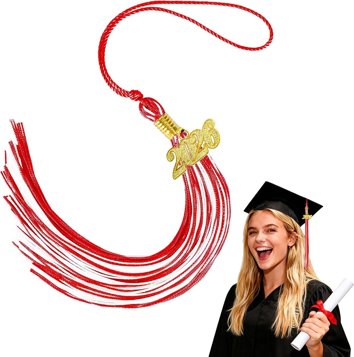 2026 rode witte kwast voor afstuderen, kwast met gouden hangers van het jaar 2026 voor de decoratie van - ShopVlot