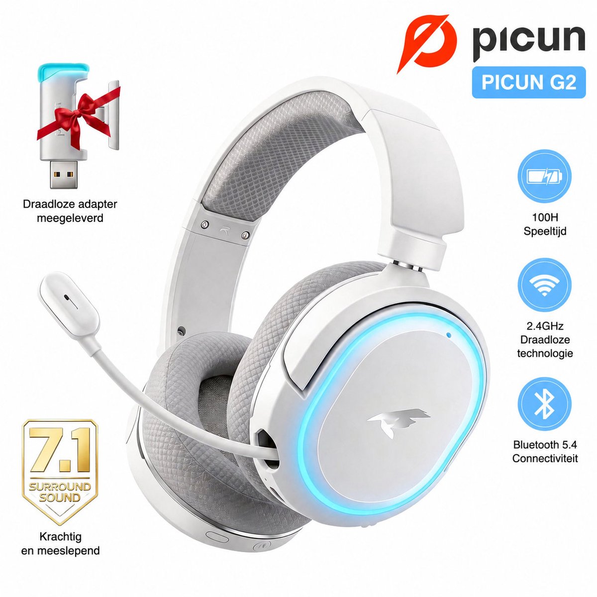 Picun G2- Bedrade Gaming Headset-Over Ear Koptelefoon Draadloos- Draadloze Headset met Microfoon - Bluetooth 5.3 - Geschikt voor PC/PS5/PS4/Switch - Inklapbaar - - Bluetooth Headset - Wit