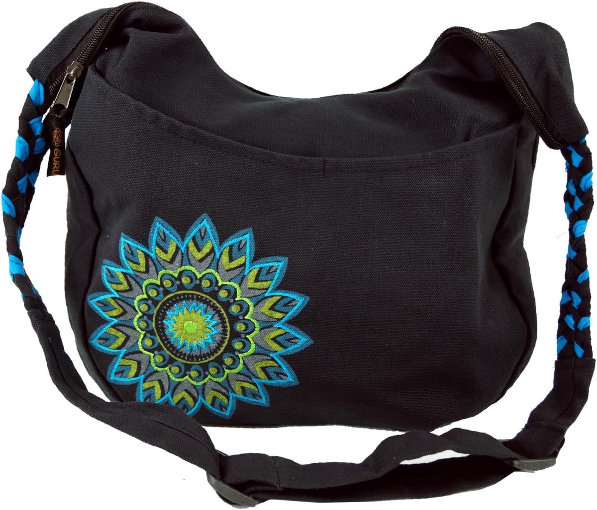 Guru-Shop Ethno Boho Shoulder Bag, Goa Bag Mandala - Black/Turquoise, Unisex Adults, Cotton, Size:One Size, 26x33x5cm - ShopVlot