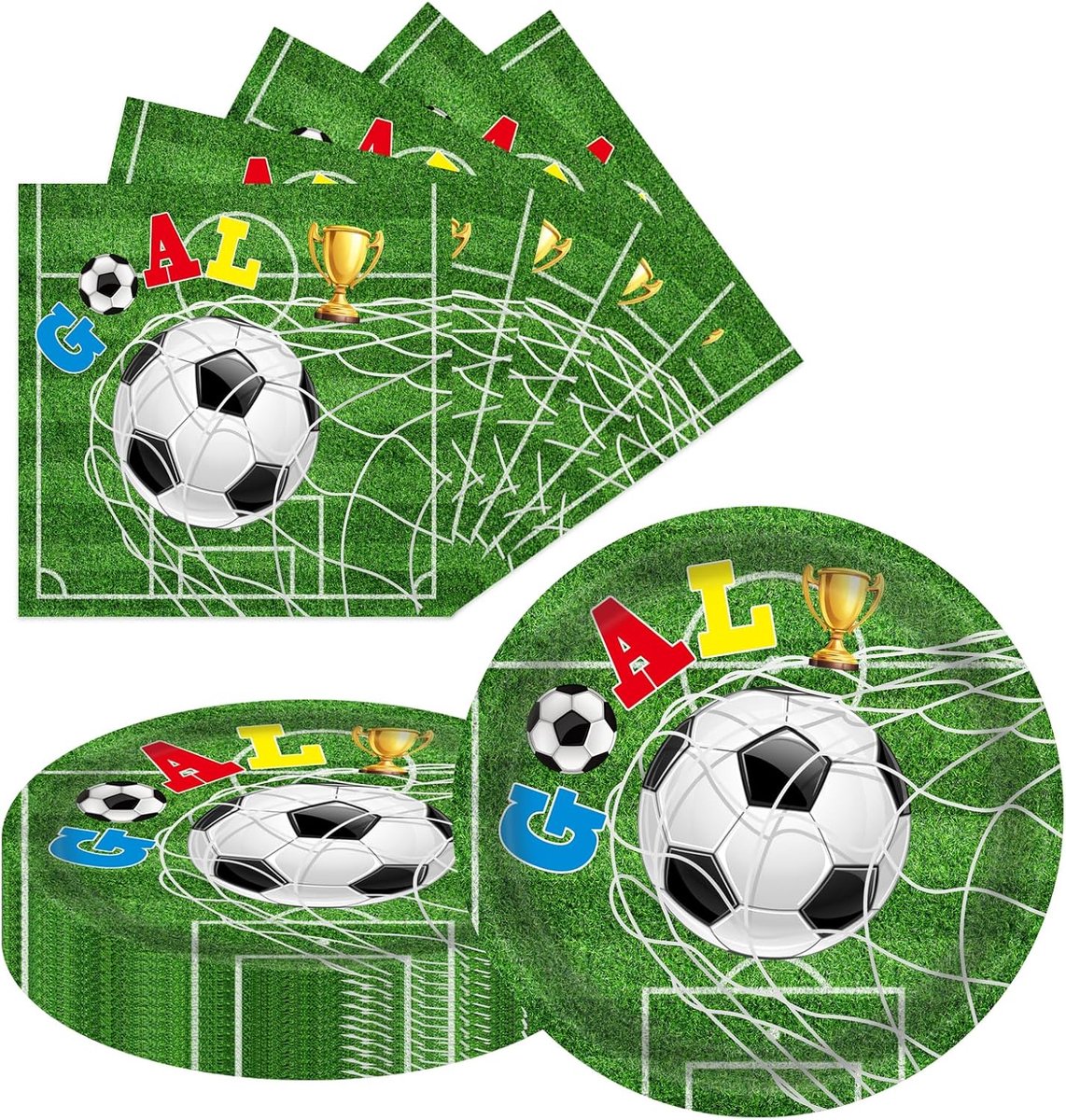 Kartonnen bord 17,8 cm 20 stuks + voetbal servetten 20 stuks set, wegwerp tafelservies set, voetbal motief tafeldecoratie voor feest, verjaardag & voetbalfan feest