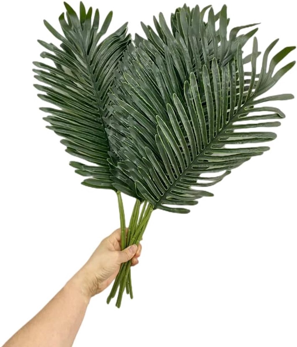 10 stuks 55,9 cm kunstpalmbladeren met steel, grote kunstpalmbladeren voor jungle, Hawaii, verjaardag, barbecue, feest, strand, bloemendecoratie, bruiloftsdecoratie, groot