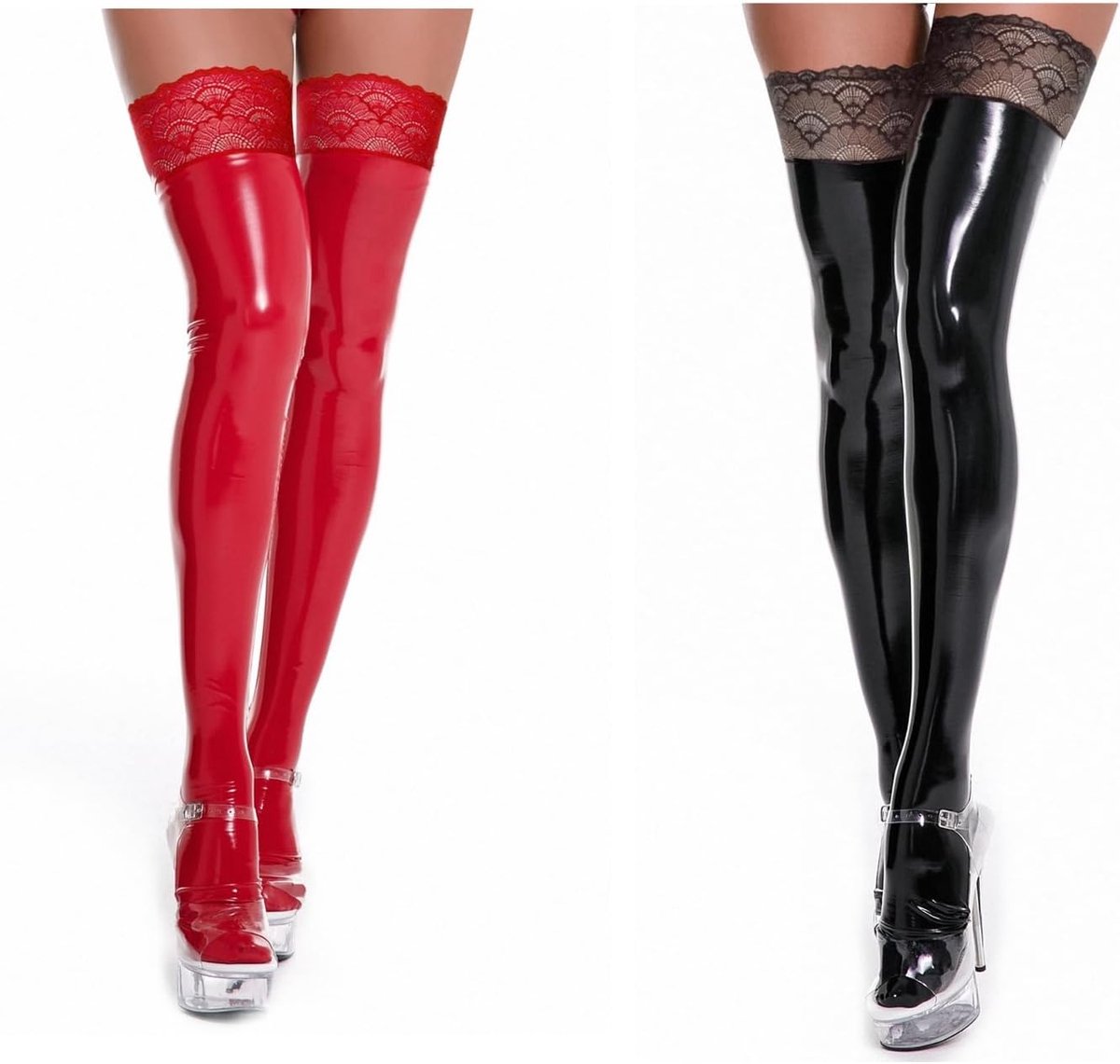 Kousen, overknee, wetlook, stokken, leren kousen, dijen, hoge stokken, stay up, clubwear, antislip, lange kousen