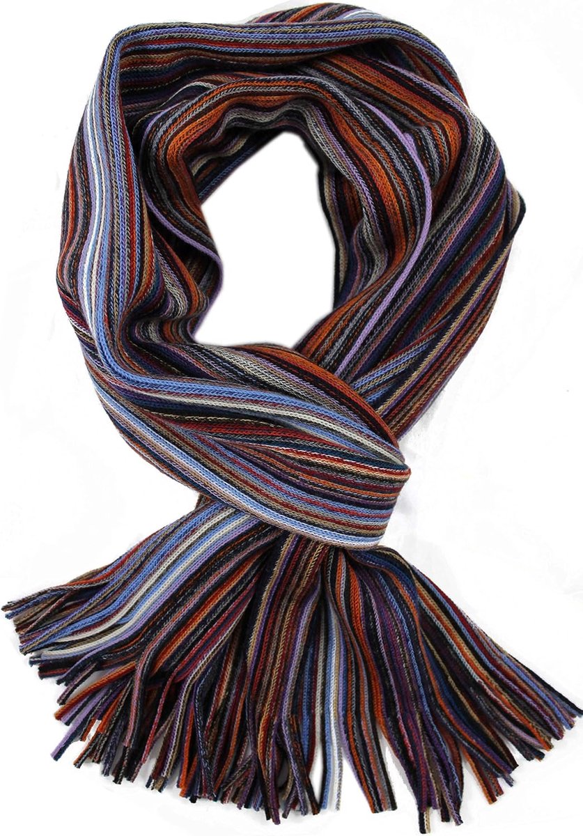 Gebreide sjaal raschelsjaal strepen modieus violet bont 100% wol (merino) R-33, paars, blauw, roze, 190 x 27 cm inkl. Fransen
