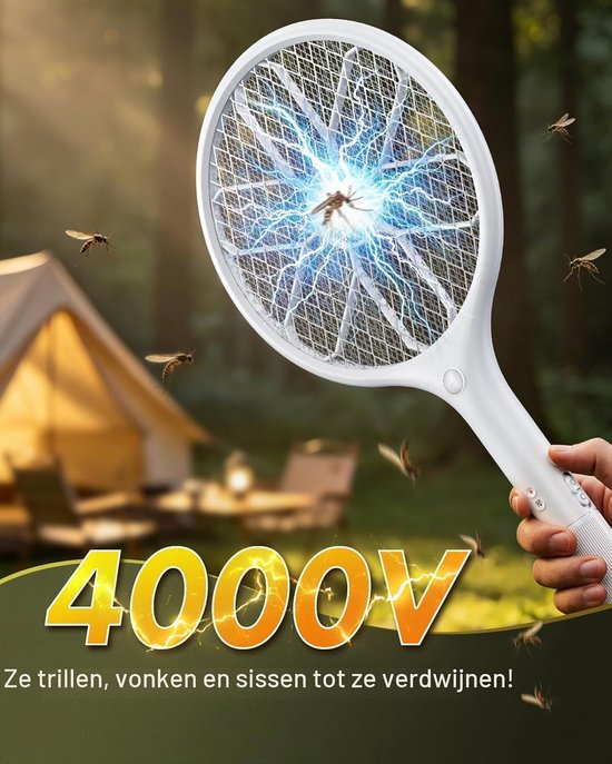 Electric Fly Zapper, 4000V Bug Swatter Racket Mosquito Killer, USB-C Rechargeable with Safe 3-Layer Mesh & LED Light, Lightweight Handy Fly Bat for Indoor, Outdoor, Home & Camping — afbeelding 2