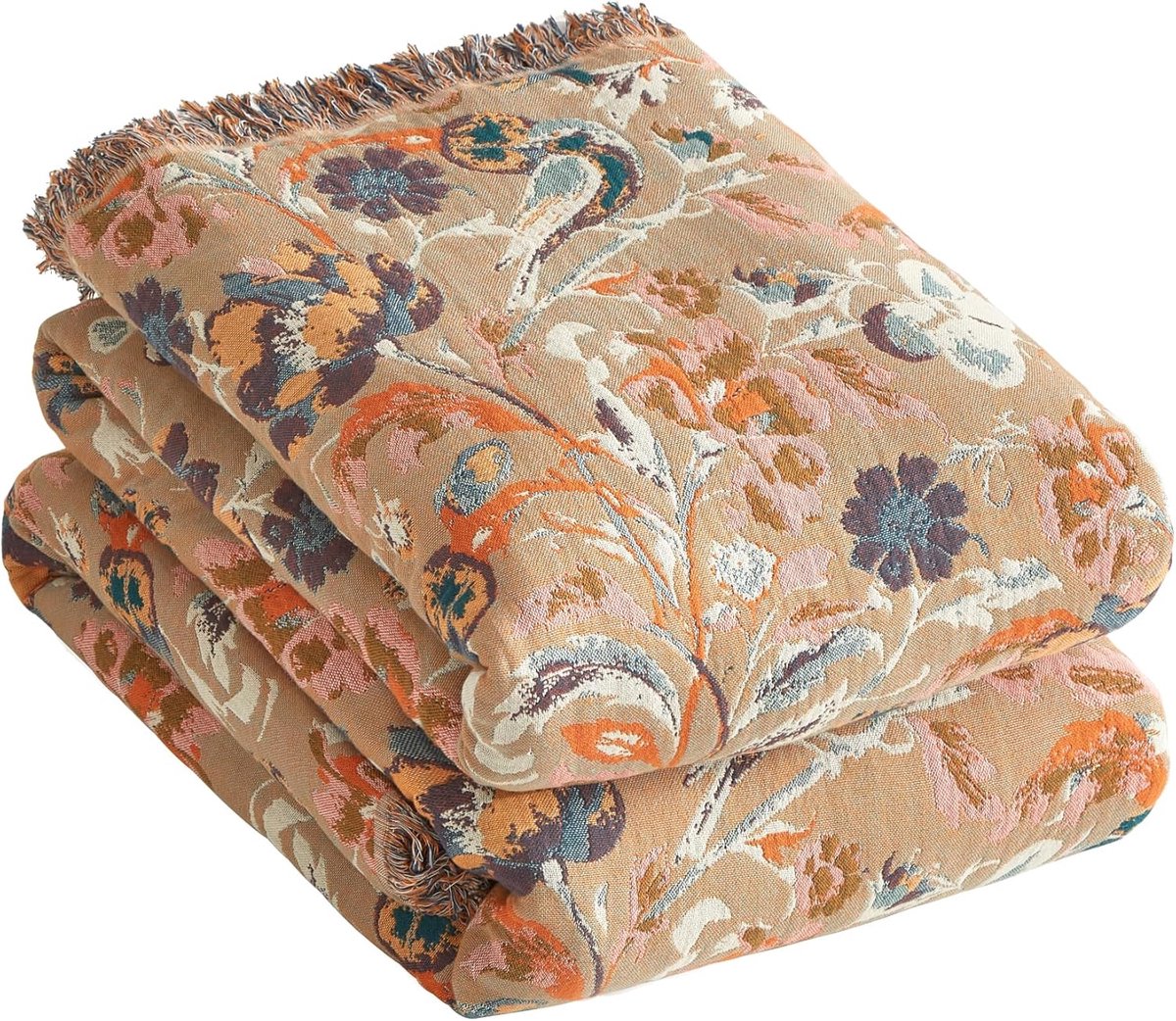 Premium boho-sprei, 100% katoen, knuffeldeken met franjes, dubbelzijdige mousseline, boho-deken, 230 x 250 cm, behaaglijke bankdeken en bedsprei, zomerdeken voor woonkamer, groen/lichtblauw