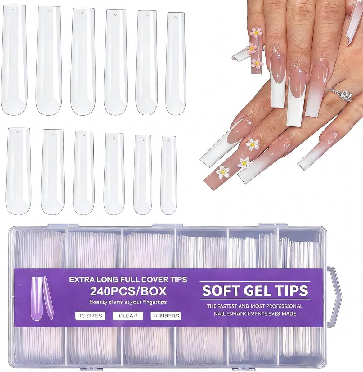 Vierkante nageltips 240 stuks, valse nageltips, 12 maten geen C-curve heldere nageltips, volledig dekkende nageltipsset, kunstgelnageltips voor beginners Professionele thuissalon