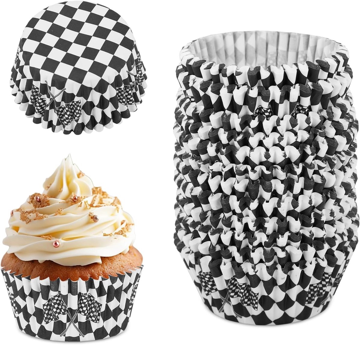 300 Stuks Raceauto Cupcakevormpjes, Geruite Cupcakevormpjes Zwart-Witte Papieren Bakvormpjes Raceauto Thema Feestbenodigdheden voor Verjaardagsfeestdecoraties en Dessertdisplays
