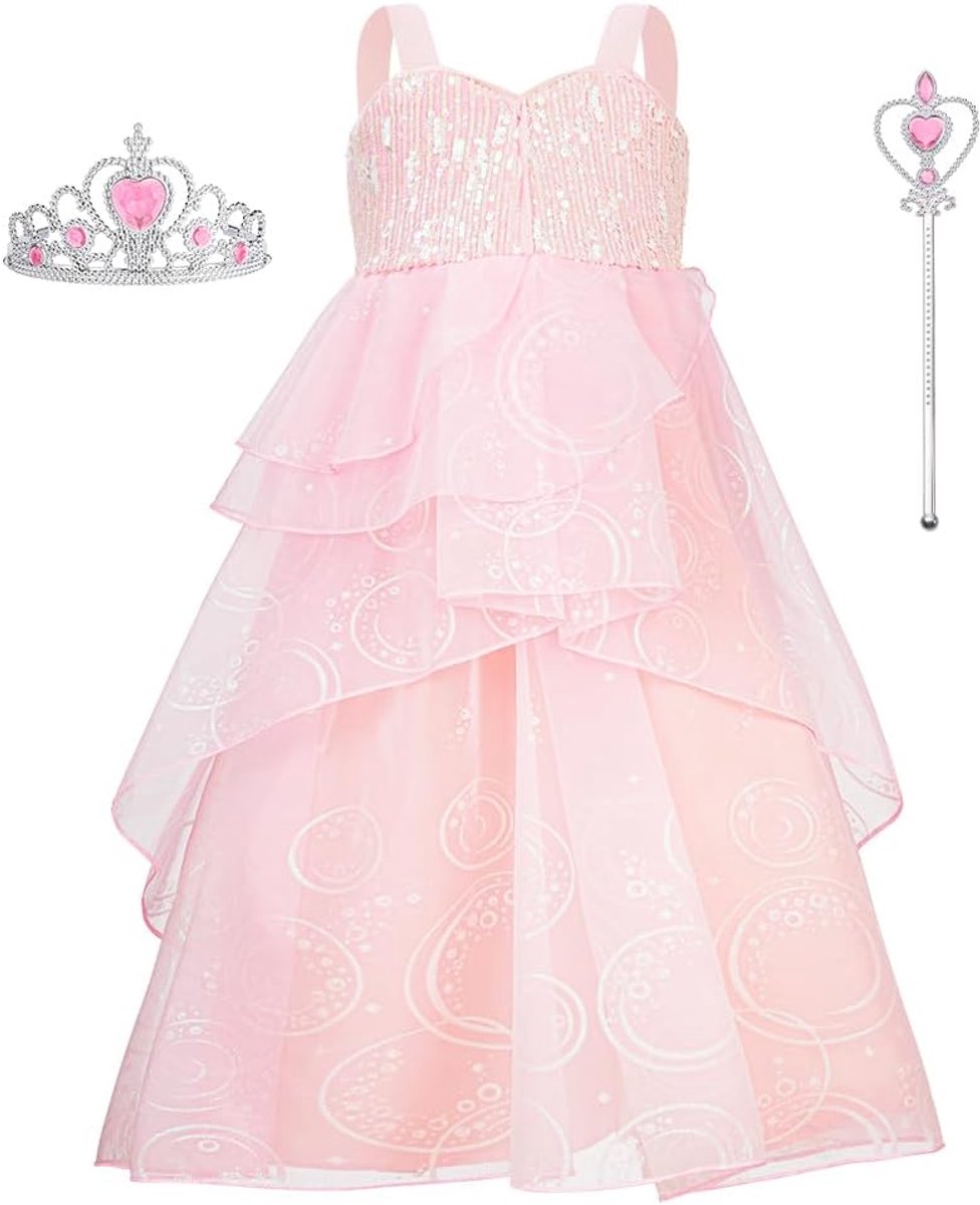 Prinsessenjurk voor kinderen, meisjes, prinsessenjurk, Glinda, roze, avondjurk, tule, prinsessenjurk, pailletten, kinderen, avondjurk voor meisjes, 5-12 jaar