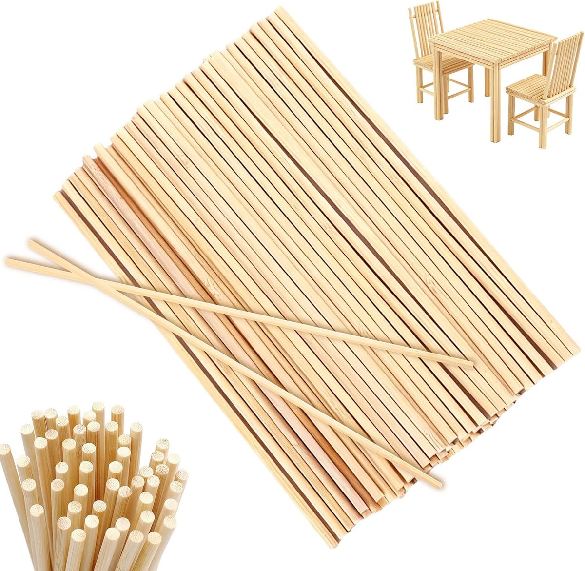 Houten stokjes, lange ronde ijsstokjes, houten stokjes om te knutselen, kandisuikerstokken, rond hout voor handwerk, doe-het-zelvers (4 mm)
