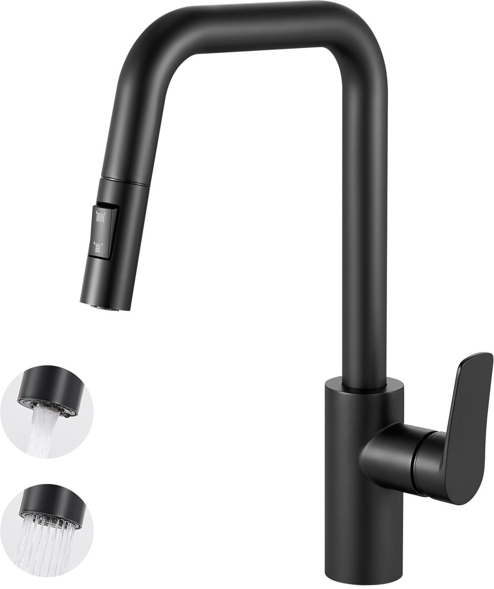 CECIPA Max Keukenkraan met Uittrekbare Uitloop - Handdouche - 360° Draaibaar - Keukenmengkraan - Flexibele Slang - Zwart