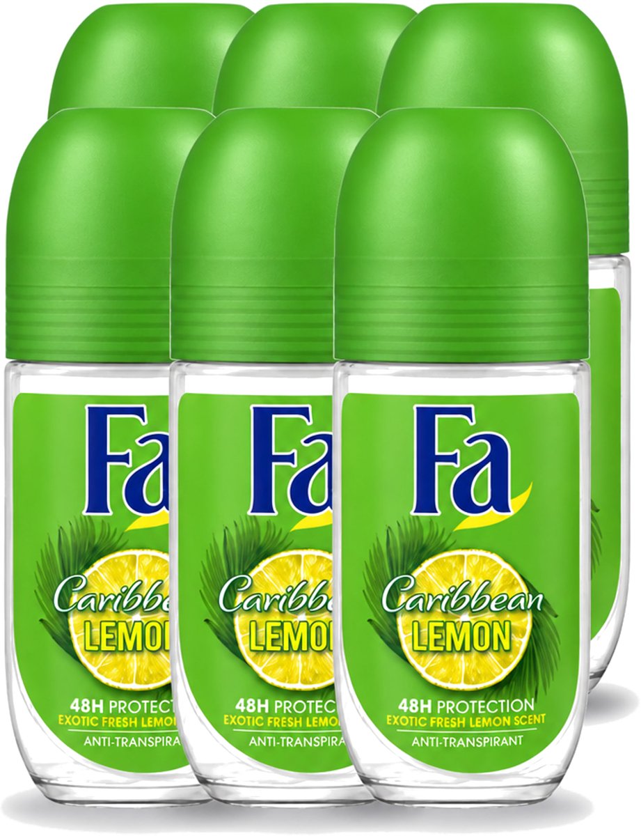 6 x Fa - Deodorant Roller - Caribbean Lemon - Verfrissend - 48 uur Bescherming - Citrusachtig - 50 ml - Voordeelverpakking - 6 stuks