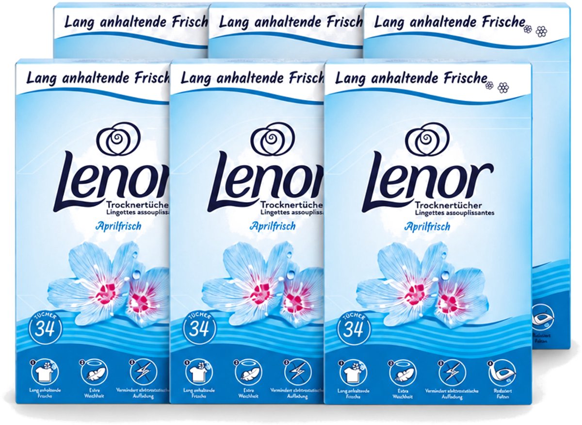6 x Lenor - Droogtrommeldoekjes - Aprilfris - Textielverfrisser - 34 Doekjes - Voordeelverpakking - 6 stuks