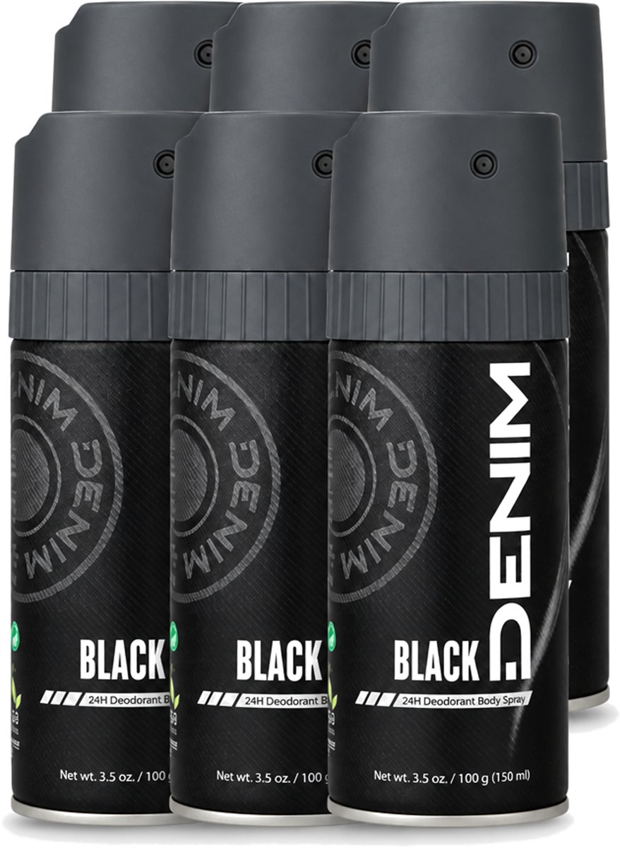6 x Denim - Deodorant Aerosol - Black Geur - Voor Mannen - 150 ml - Voordeelverpakking - 6 stuks