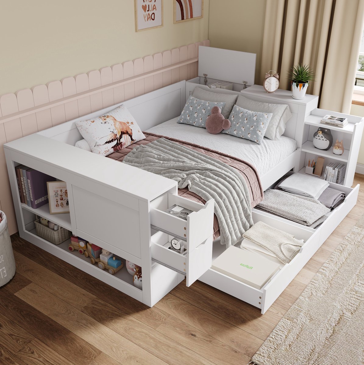 WUVRIE Kinderbed 140x200 cm met lattenbodem, lades en opbergruimte, MDF, wit