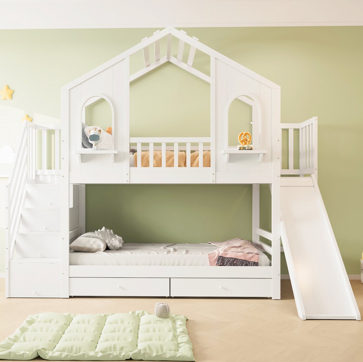 WUVRIE Kinderstapelbed 90 x 200 cm huisvormig met glijbaan, opbergtrap, 2 lades en lattenbodems, wit