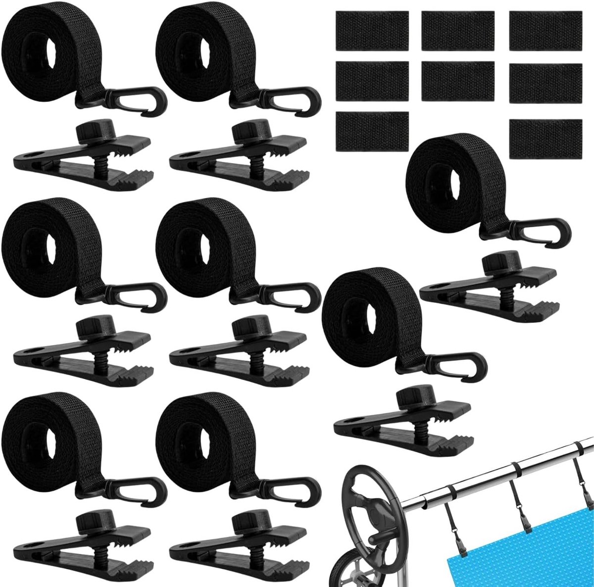 Oprolsysteem voor zwembad, 8 bevestigingsbanden en clips, accessoires voor mobiel oprolsysteem, getande clips met sterke grip, voor zonneafdekkingen en dekzeilen